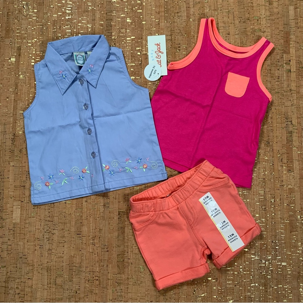 Cat & Jack Clothing Lot Shirt Shorts Set Girls 12M Orange Purple Tank Top